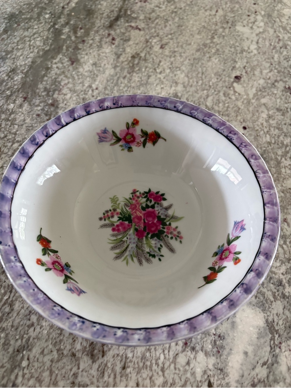 Yamatsu Japan Vintage Floral Porcelain Bowl Purple Rim 6.25”